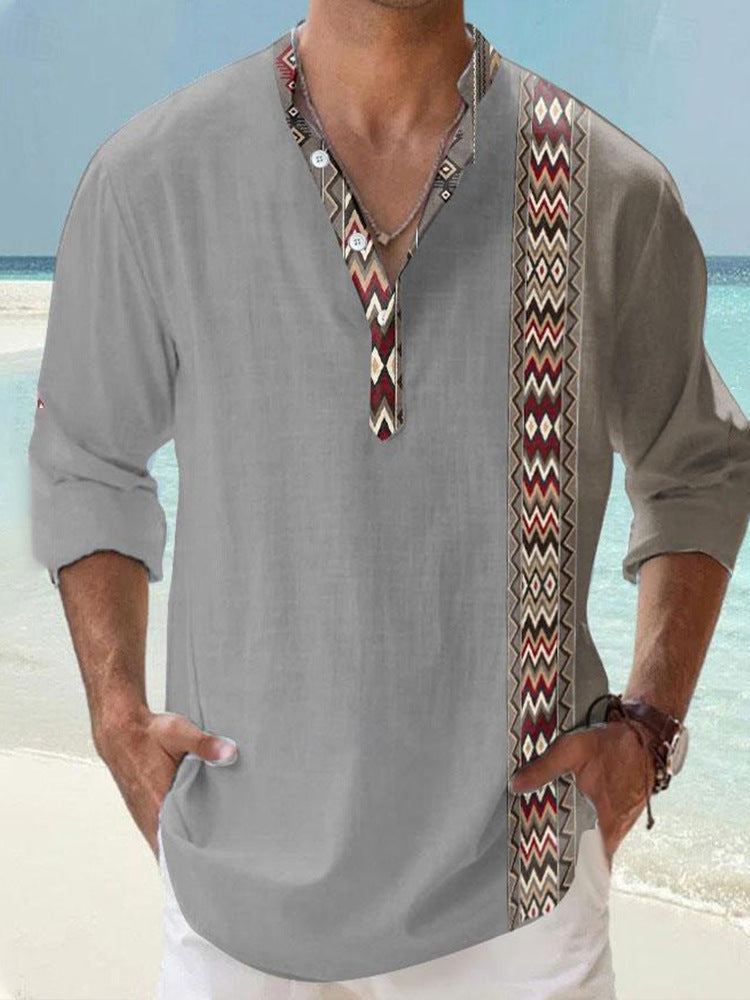 Man wearing a thin Casual 3d printed Bamboo Linen beige shirt with a colorful patterned Long Sleeve Shirt
