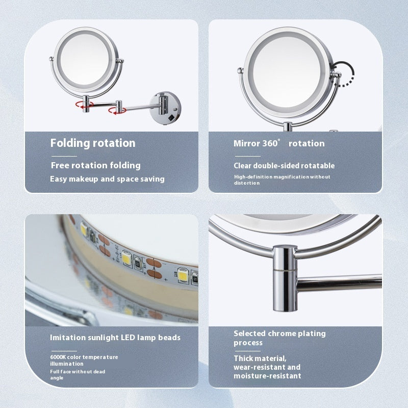 Hotel Bathroom LED Light Cosmetic Mirror Punch-free Wall Hanging Collapsible Rotating Double-sided.