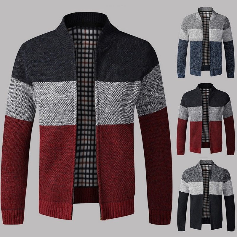 Men’s Knitted Zipper Cardigan Jacket – Casual Color Block Sweater