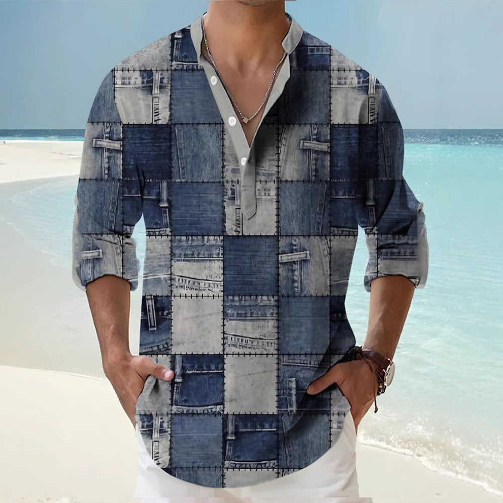 Man wearing a thin Casual 3d printed Bamboo Linen beige shirt with a colorful patterned Long Sleeve Shirt