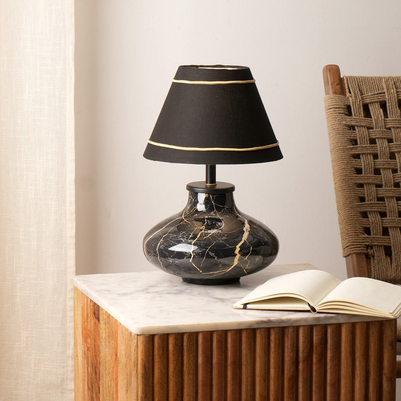 Black Marble Table Lamp | Luxurious Gold Vein Design | Elegant Home & Office Accent