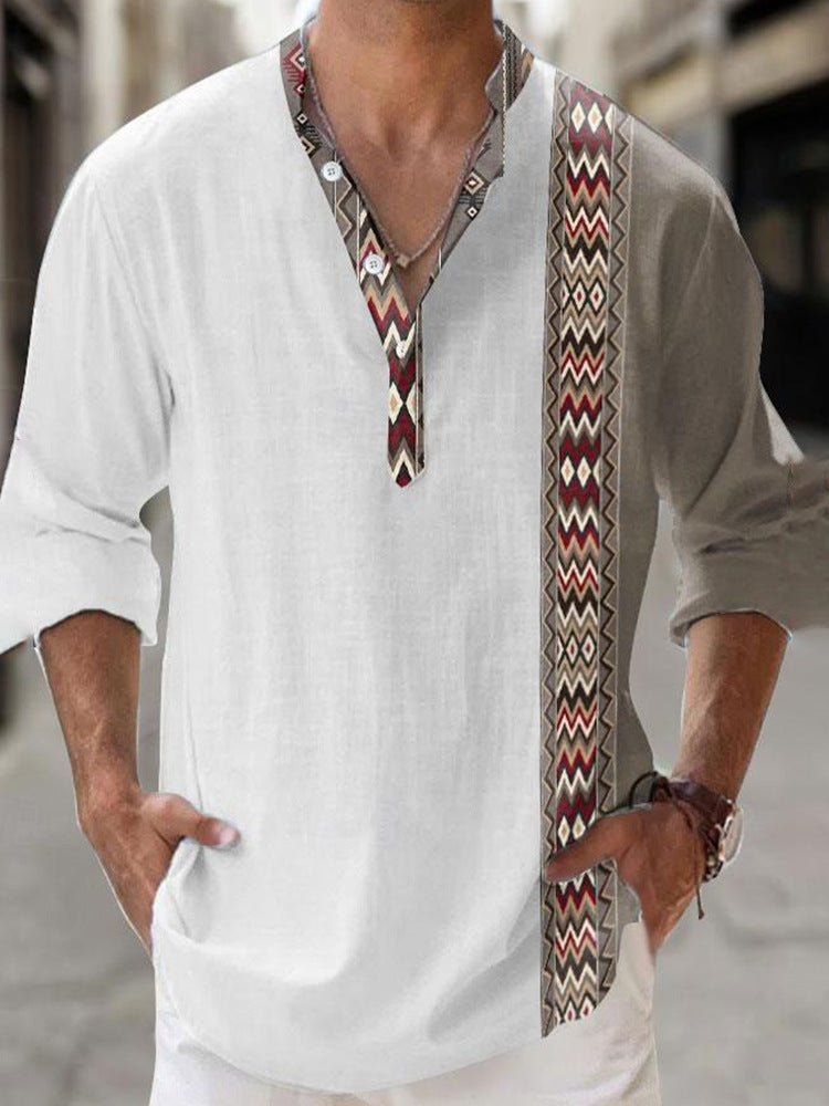 Man wearing a thin Casual 3d printed Bamboo Linen beige shirt with a colorful patterned Long Sleeve Shirt