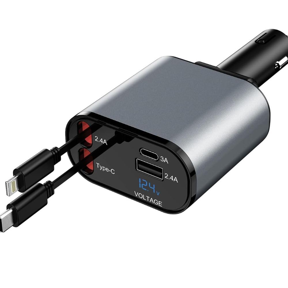 4-in-1 Retractable Fast Car Charger – Multi-Port USB Charger with PD, Type-C, Micro USB & iPhone Cables | 120W Car Charging Adapter for All Devices