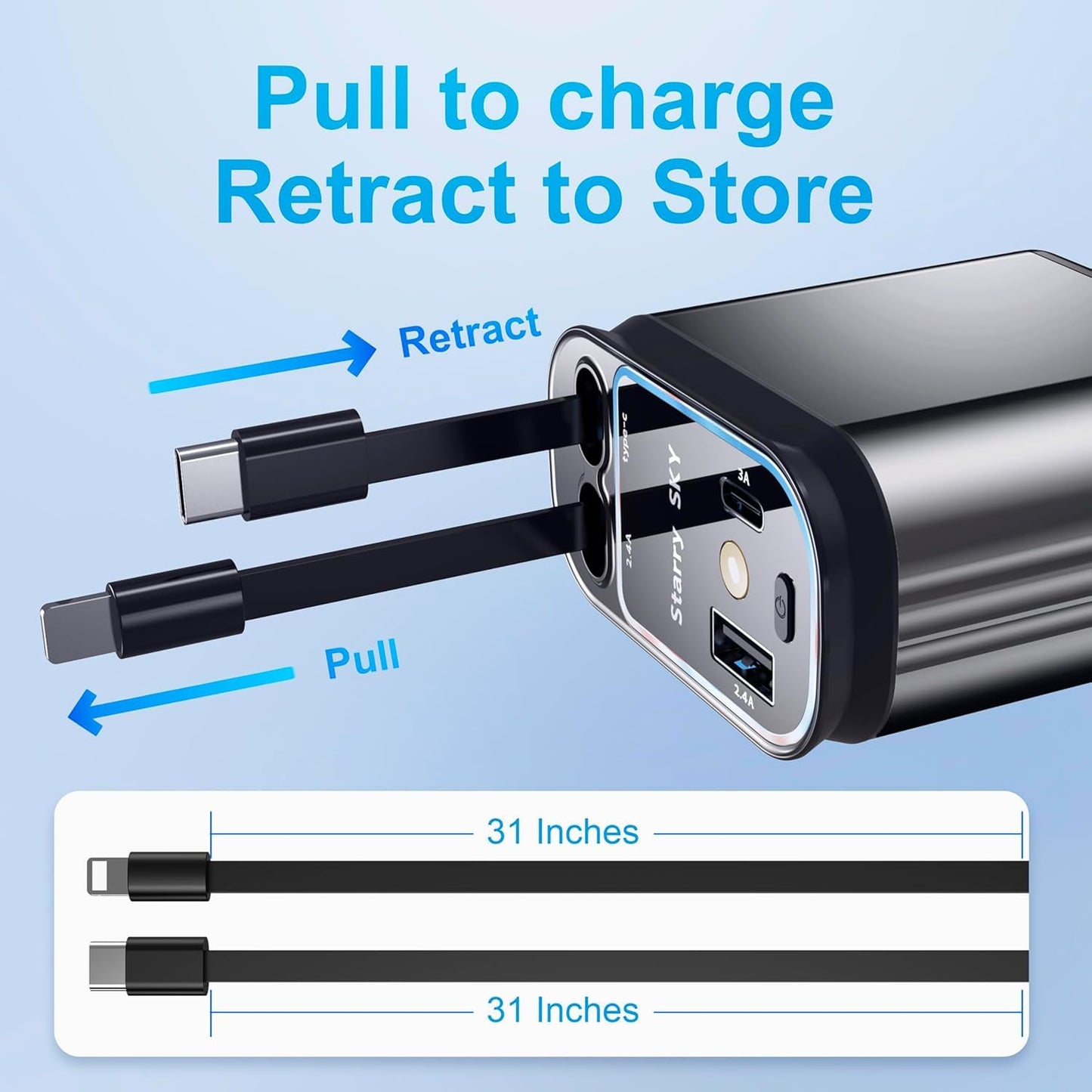 4-in-1 Retractable Fast Car Charger – Multi-Port USB Charger with PD, Type-C, Micro USB & iPhone Cables | 120W Car Charging Adapter for All Devices