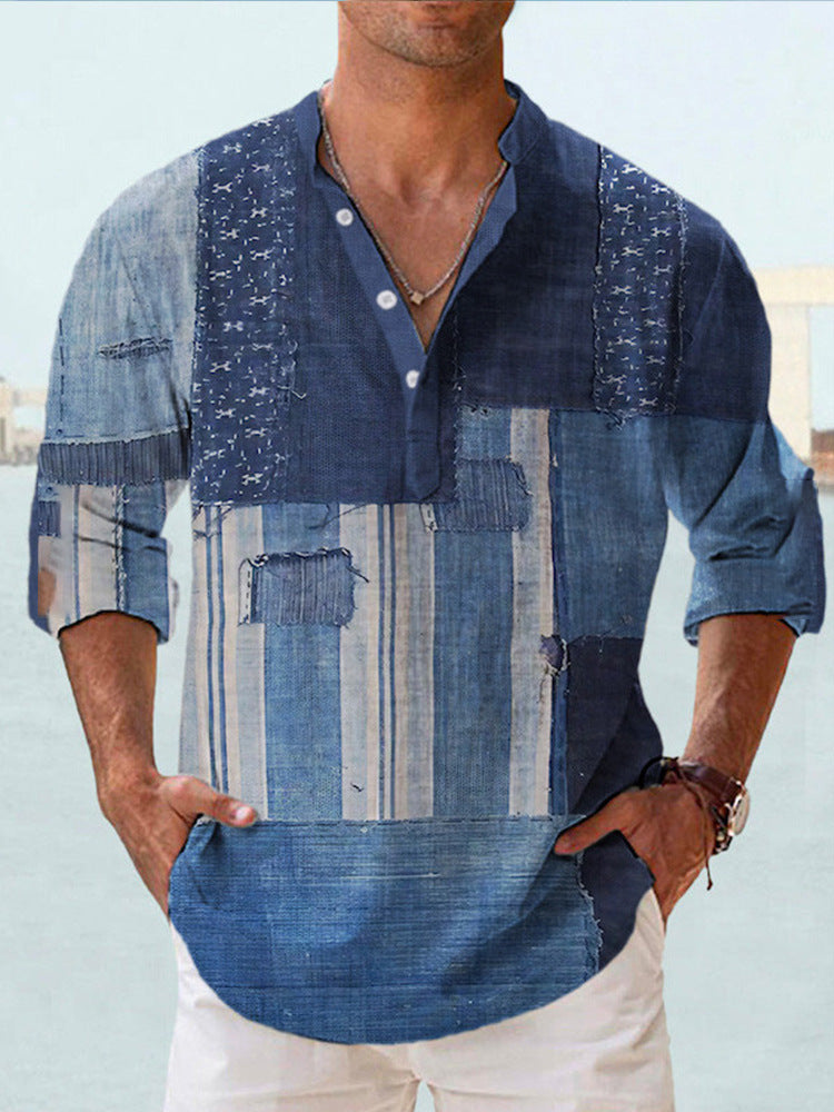Man wearing a thin Casual 3d printed Bamboo Linen beige shirt with a colorful patterned Long Sleeve Shirt