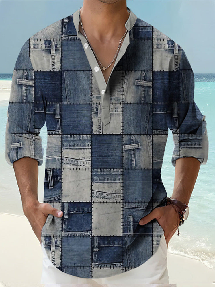 Man wearing a thin Casual 3d printed Bamboo Linen beige shirt with a colorful patterned Long Sleeve Shirt