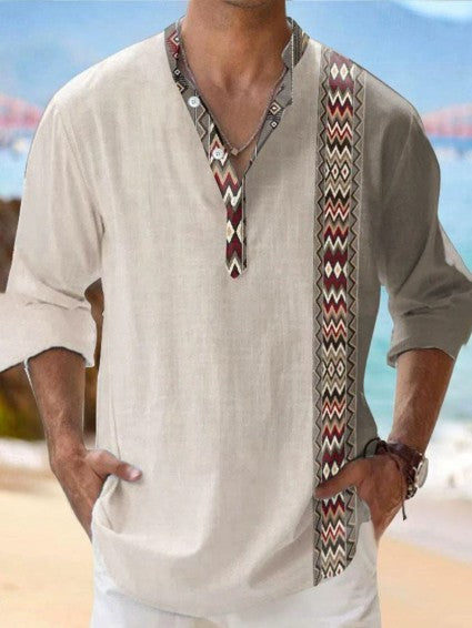 Man wearing a thin Casual 3d printed Bamboo Linen beige shirt with a colorful patterned Long Sleeve Shirt