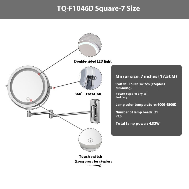 Hotel Bathroom LED Light Cosmetic Mirror Punch-free Wall Hanging Collapsible Rotating Double-sided.