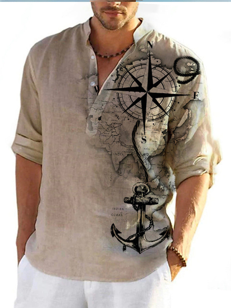 Man wearing a thin Casual 3d printed Bamboo Linen beige shirt with a colorful patterned Long Sleeve Shirt
