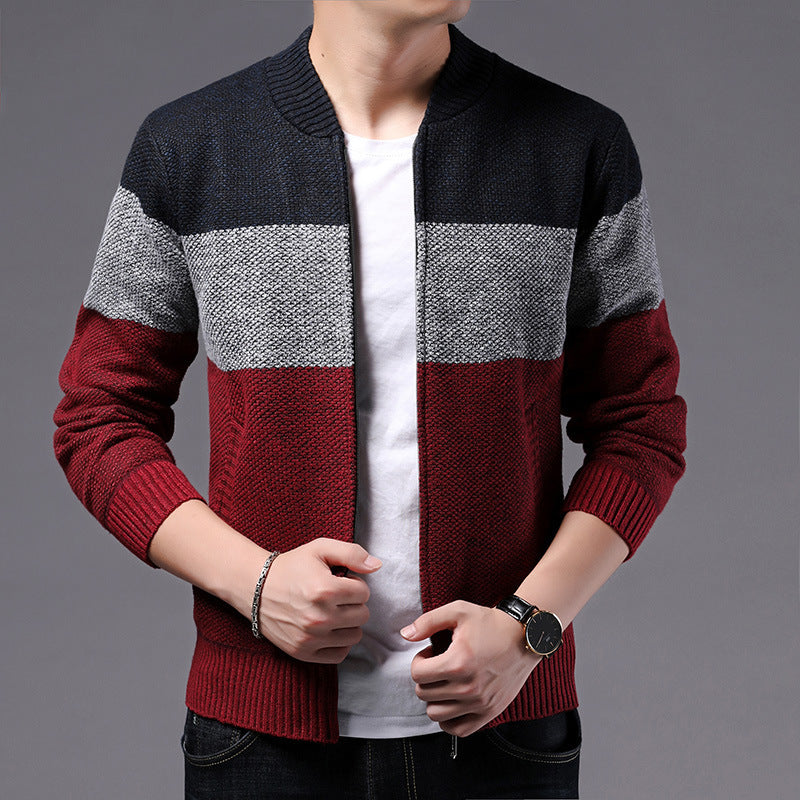Men’s Knitted Zipper Cardigan Jacket – Casual Color Block Sweater