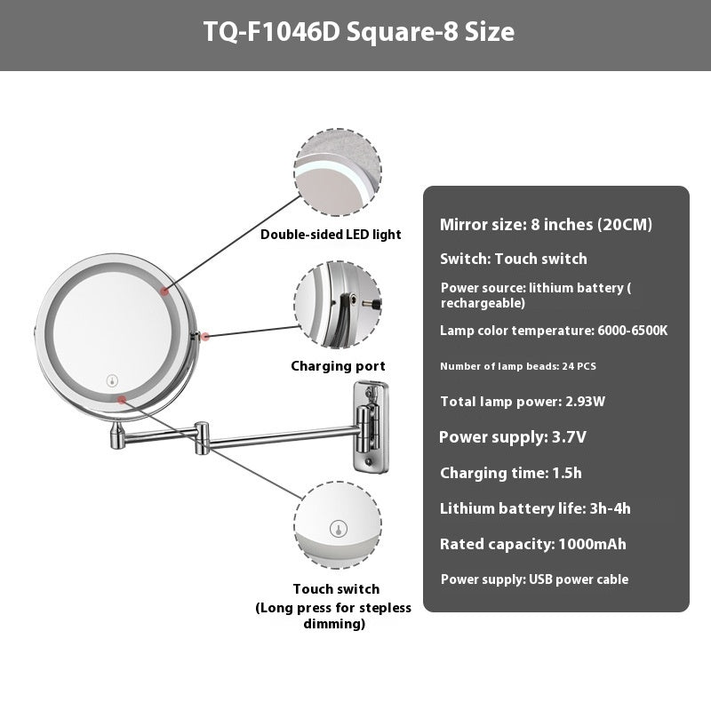 Hotel Bathroom LED Light Cosmetic Mirror Punch-free Wall Hanging Collapsible Rotating Double-sided.