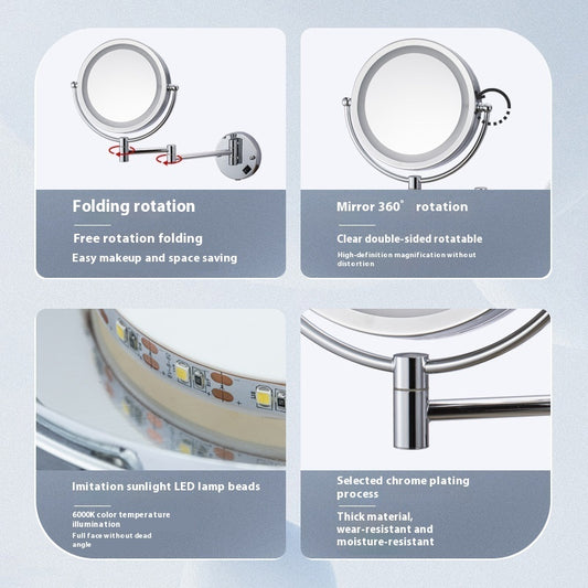 Hotel Bathroom LED Light Cosmetic Mirror Punch-free Wall Hanging Collapsible Rotating Double-sided.