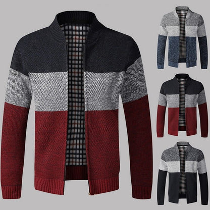 Men’s Knitted Zipper Cardigan Jacket – Casual Color Block Sweater