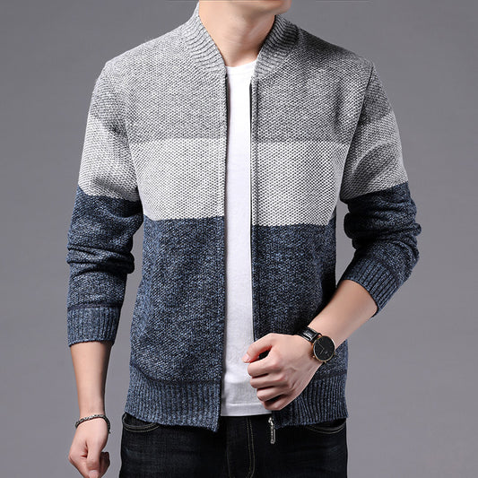 Men’s Knitted Zipper Cardigan Jacket – Casual Color Block Sweater