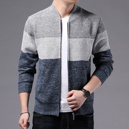 Men’s Knitted Zipper Cardigan Jacket – Casual Color Block Sweater
