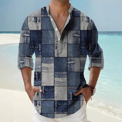 Man wearing a thin Casual 3d printed Bamboo Linen beige shirt with a colorful patterned  Long Sleeve Shirt