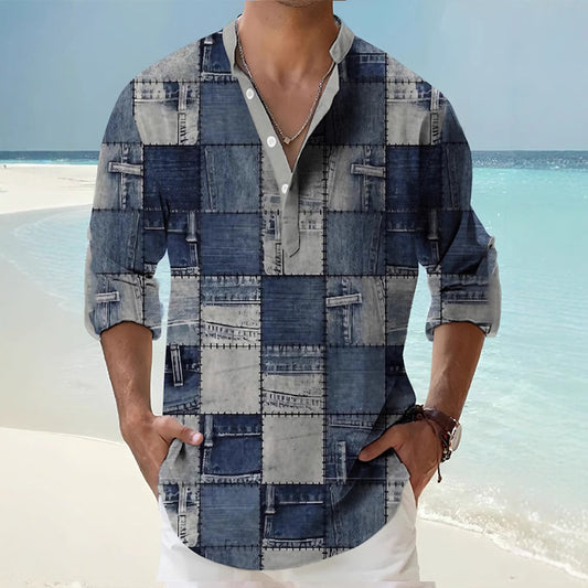 Man wearing a thin Casual 3d printed Bamboo Linen beige shirt with a colorful patterned  Long Sleeve Shirt