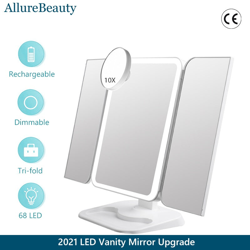 Trifold Makeup Mirror With Light 68 LED Vanity Mirrors 10X Magnifying 180 Rotation