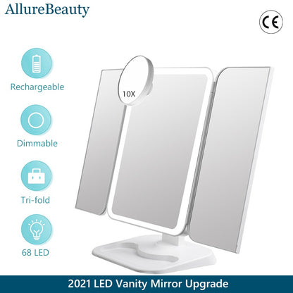 Trifold Makeup Mirror With Light 68 LED Vanity Mirrors 10X Magnifying 180 Rotation