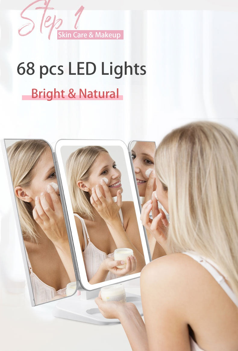 Trifold Makeup Mirror With Light 68 LED Vanity Mirrors 10X Magnifying 180 Rotation