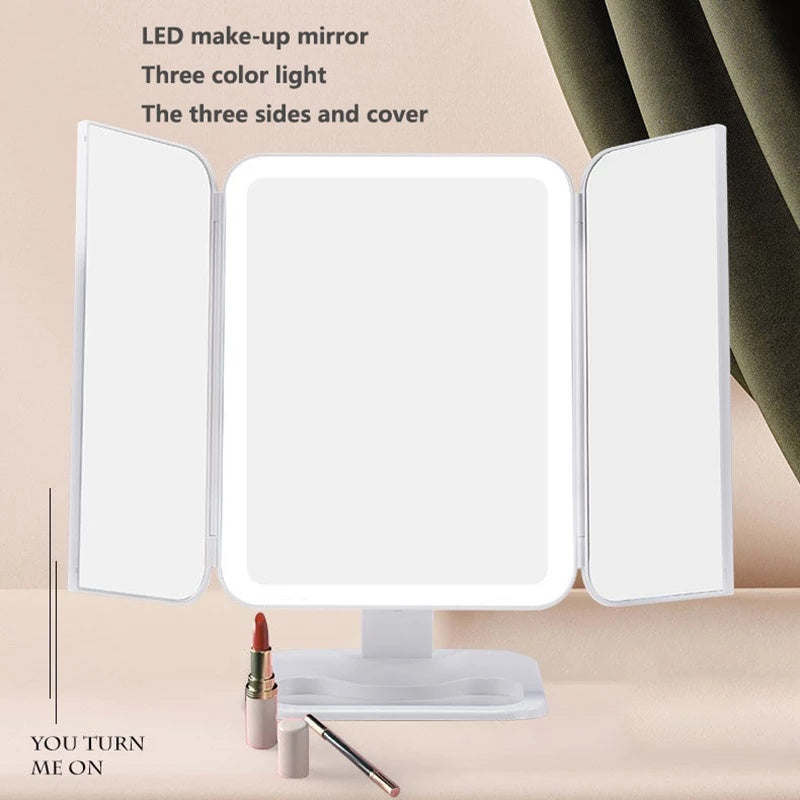 Trifold Makeup Mirror With Light 68 LED Vanity Mirrors 10X Magnifying 180 Rotation