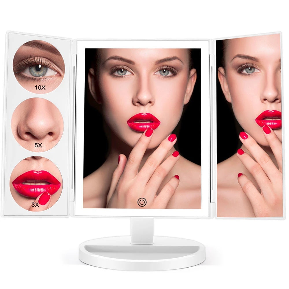 Trifold Makeup Mirror With Light 68 LED Vanity Mirrors 10X Magnifying 180 Rotation
