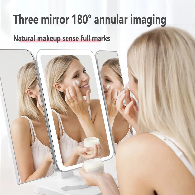 Trifold Makeup Mirror With Light 68 LED Vanity Mirrors 10X Magnifying 180 Rotation