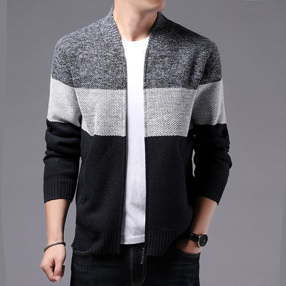 Men’s Knitted Zipper Cardigan Jacket – Casual Color Block Sweater