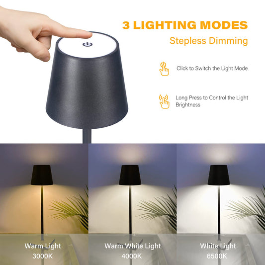 Pack-1 Cordless LED Table Lamps – 3 Color Modes, Stepless Dimming, 5000mAh Rechargeable Battery | Metal Portable Lamps for Bedroom, Dinner, Desk, Café & Terrace