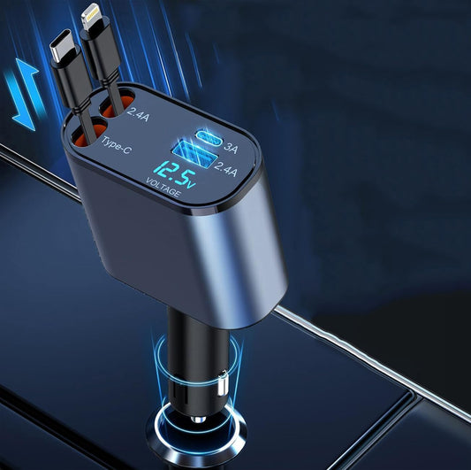 4-in-1 Retractable Fast Car Charger – Multi-Port USB Charger with PD, Type-C, Micro USB & iPhone Cables | 120W Car Charging Adapter for All Devices