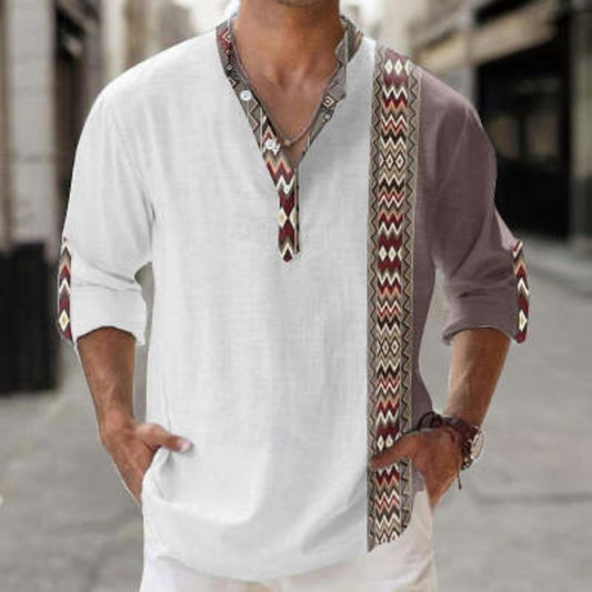 Man wearing a thin Casual 3d printed Bamboo Linen beige shirt with a colorful patterned  Long Sleeve Shirt