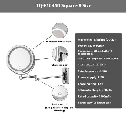 Hotel Bathroom LED Light Cosmetic Mirror Punch-free Wall Hanging Collapsible Rotating Double-sided.