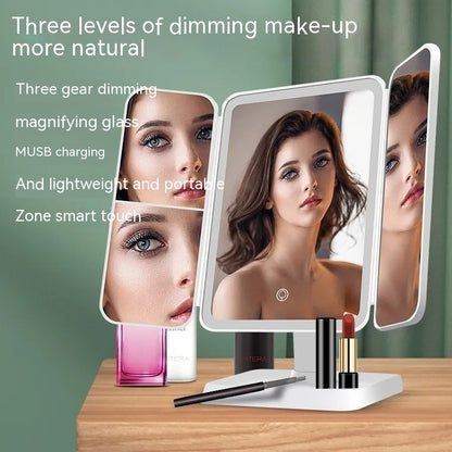 Desktop Portable Magnifying Tri-fold LED Cosmetic Mirror With Lights for make-up.